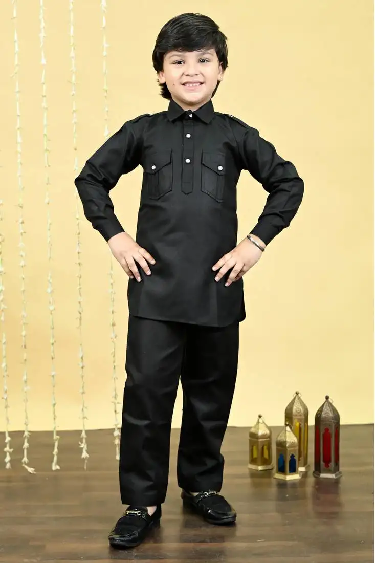 Black cotton blend pathani kurta with salwar set for boys