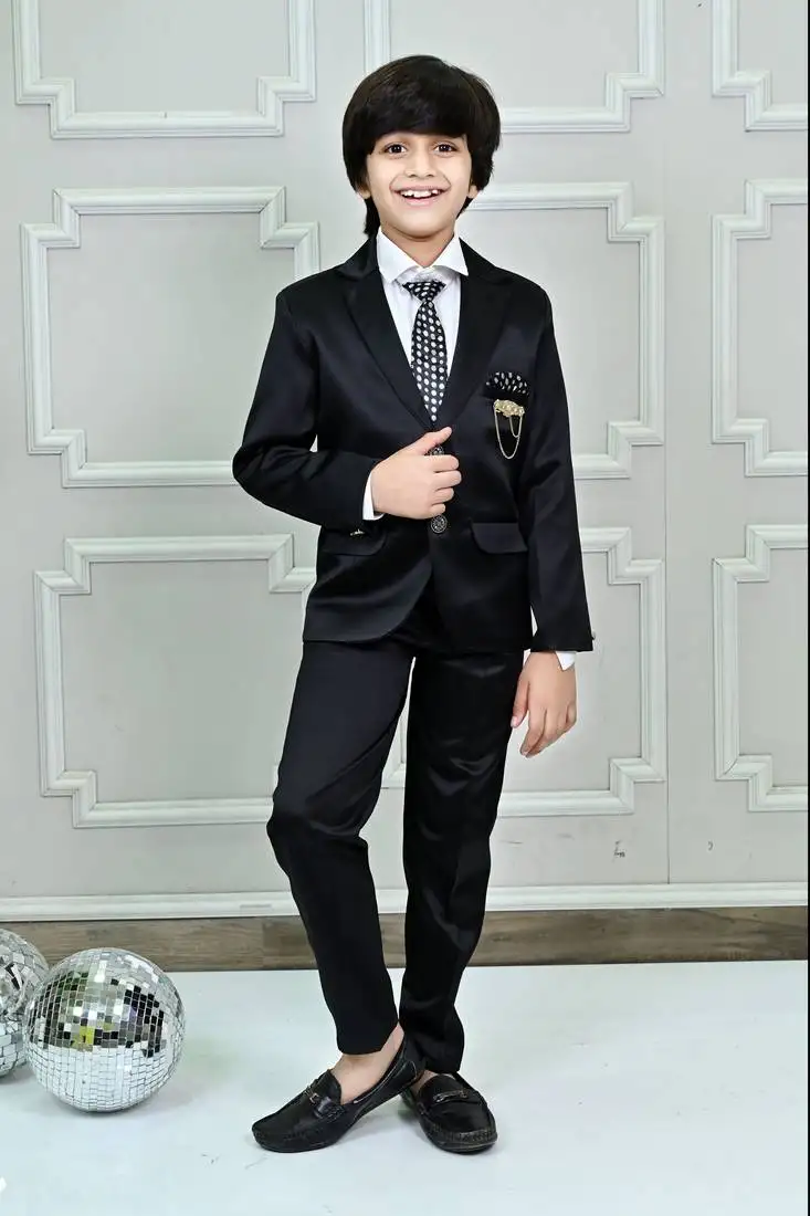 Black satin 4-piece coat suit set with shirt, pants, and tie for boys