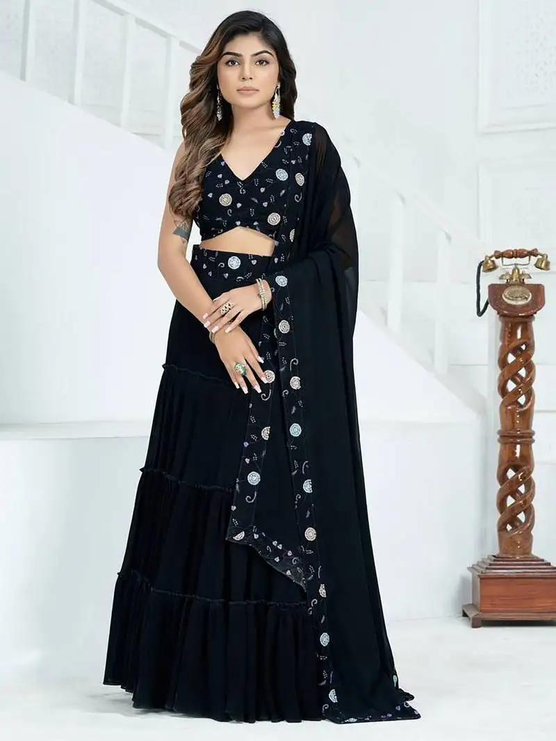 Black georgette party wear lehenga with embroidered choli