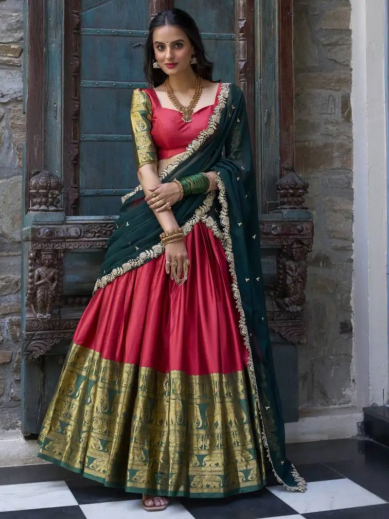Red zari weaving silk festival wear half saree lehenga