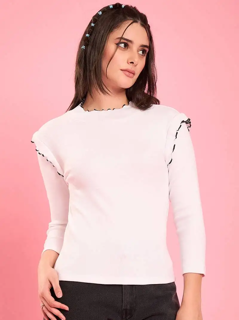 White ruffle trim ribbed top