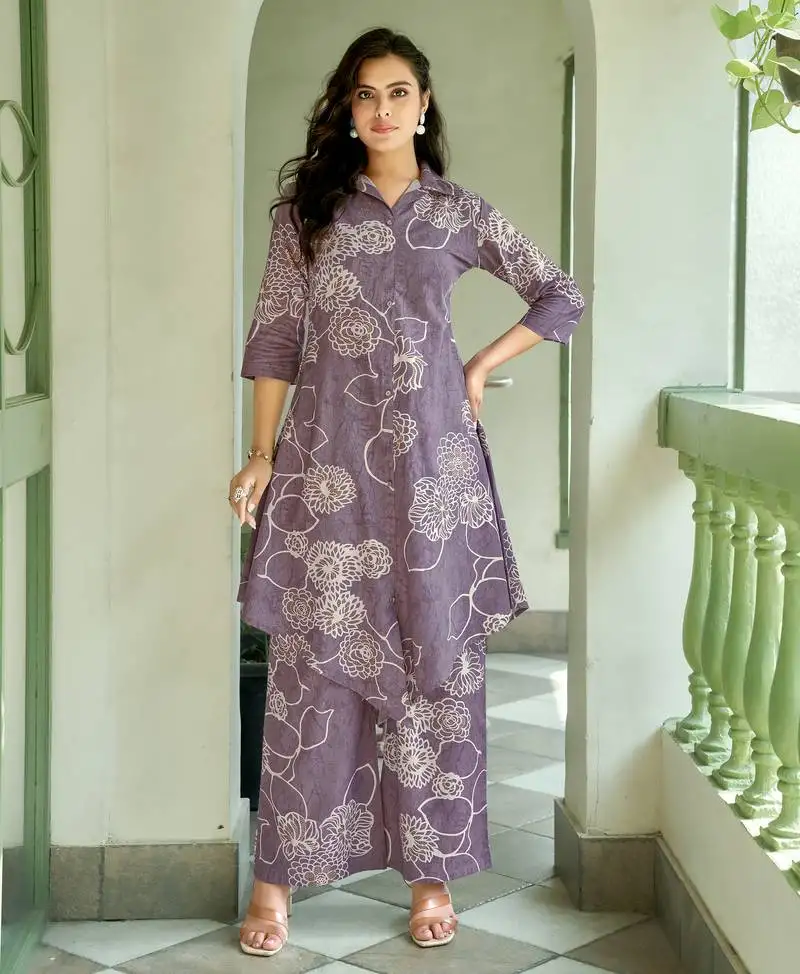 Mojilaa women's lavender khadi cotton floral printed party co-ord set