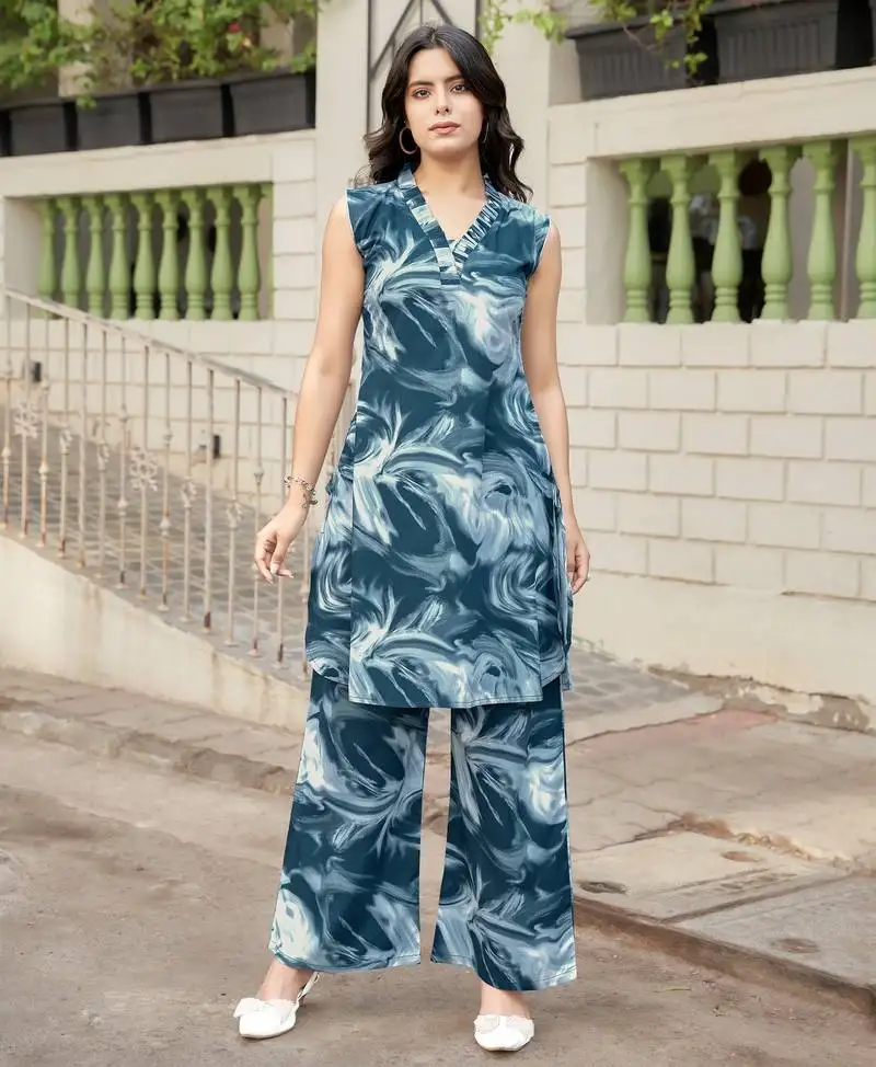 Mojilaa women's blue rayon abstract print party co-ord set