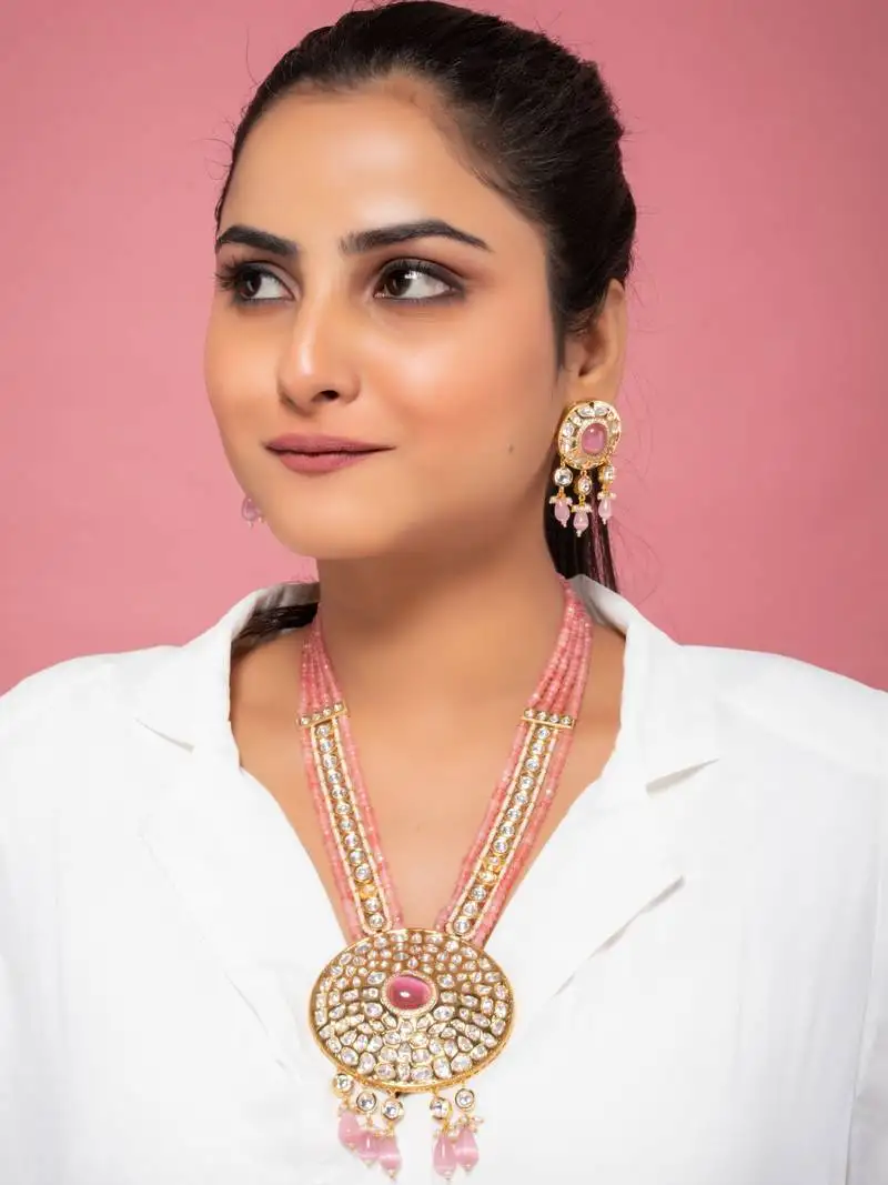Pink kundan polki long necklace set