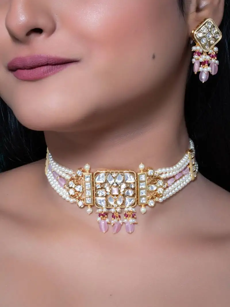 Pink kundan polki choker necklace set