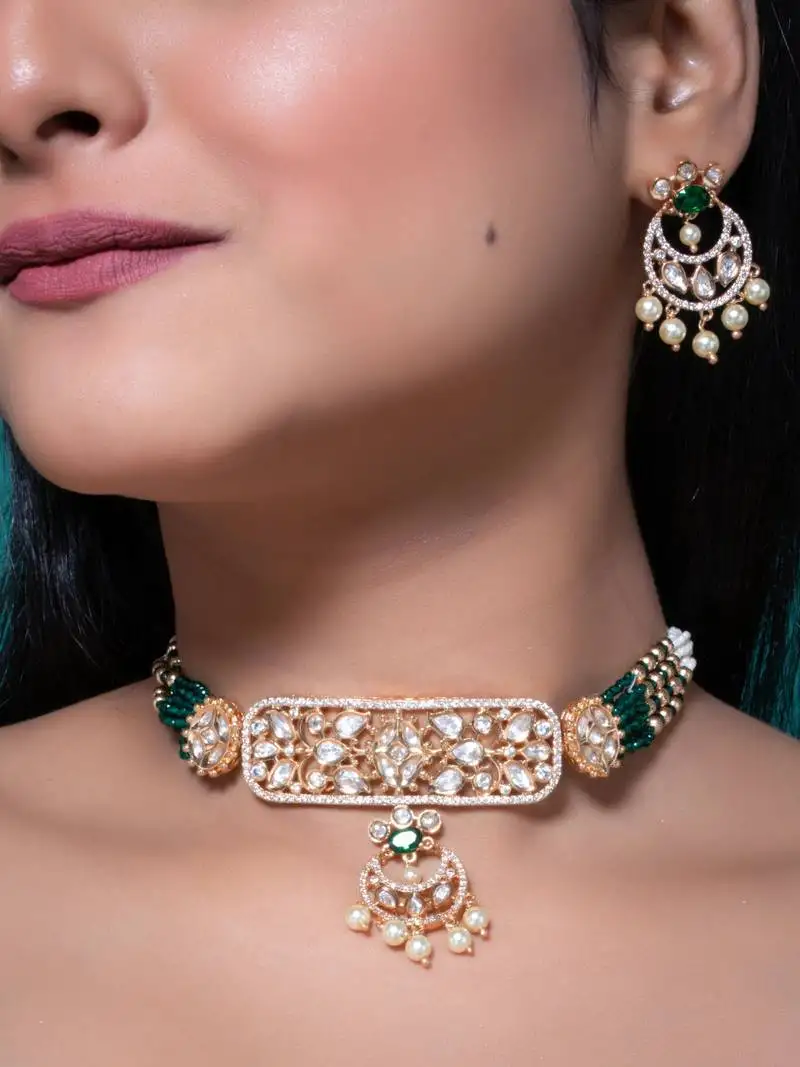 Green kundan polki choker necklace set