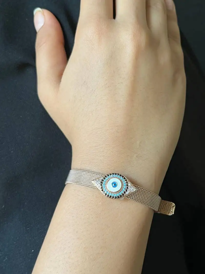 Evil eye mesh strap bracelet - rose gold