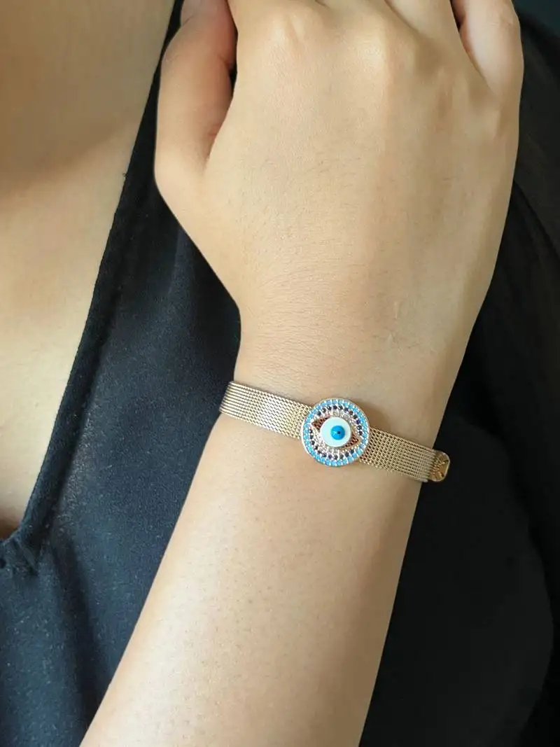Round evil eye mesh strap bracelet - rose gold