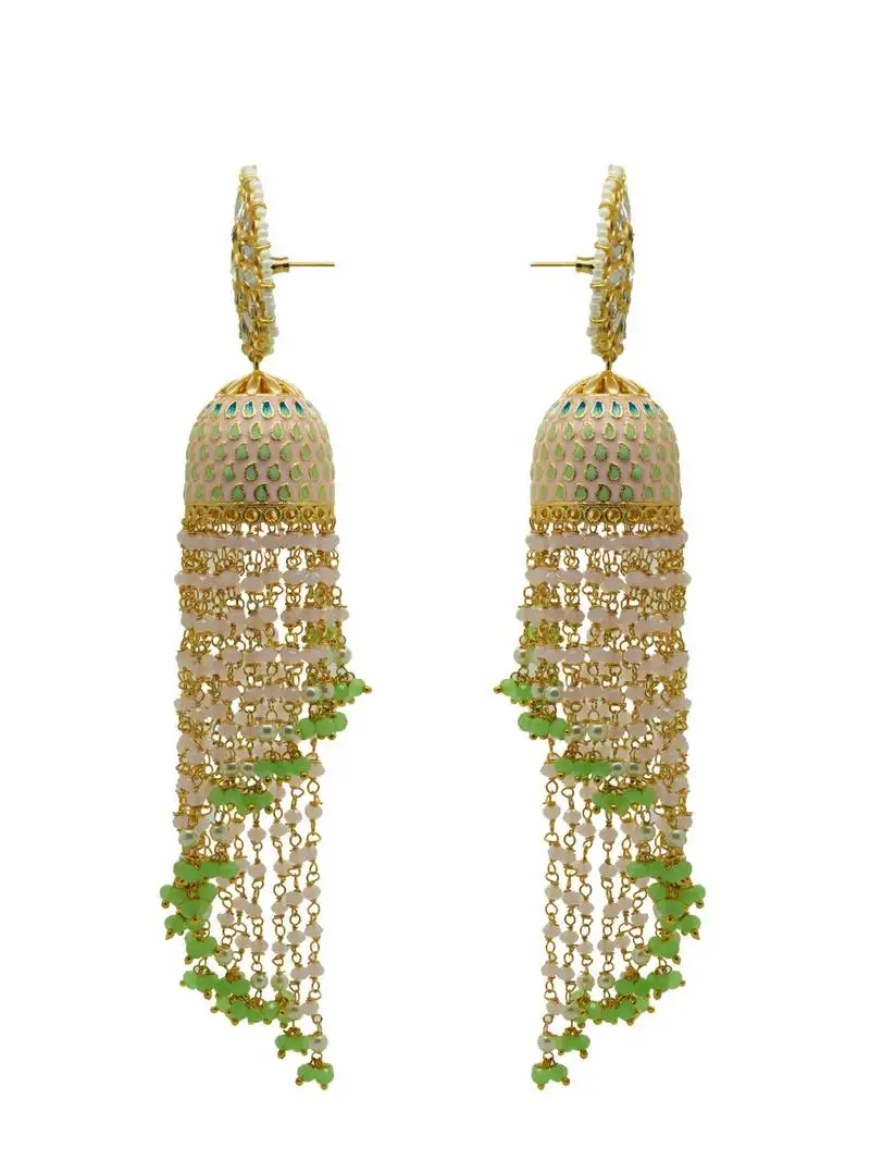 Light pink-mint meenakari kundan long beads jhumka