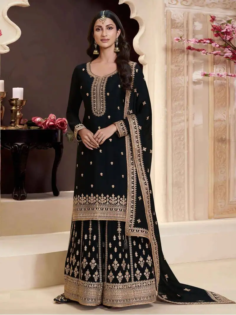 Black embroidered chinon semi palazzo suit semi stitched