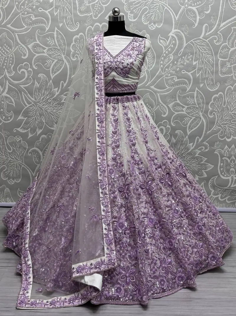 Purple multi-thread work net wedding lehenga choli