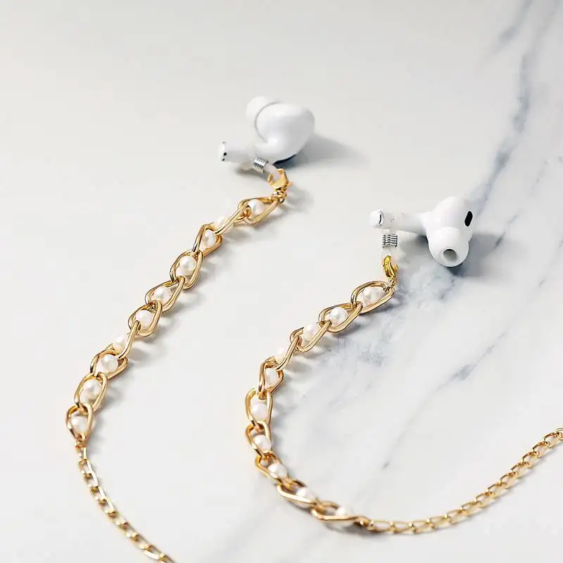 White pearls with gloden links spectacles::Air pods chain