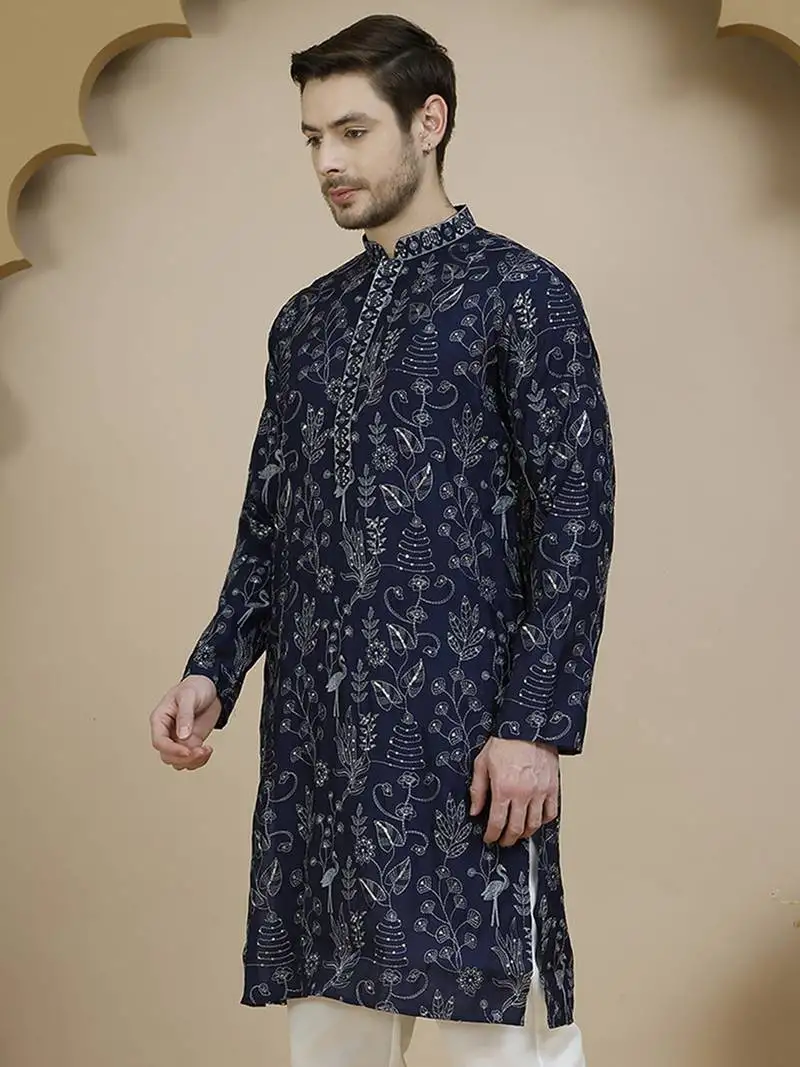 Blue embroidered silk blend kurtas for men