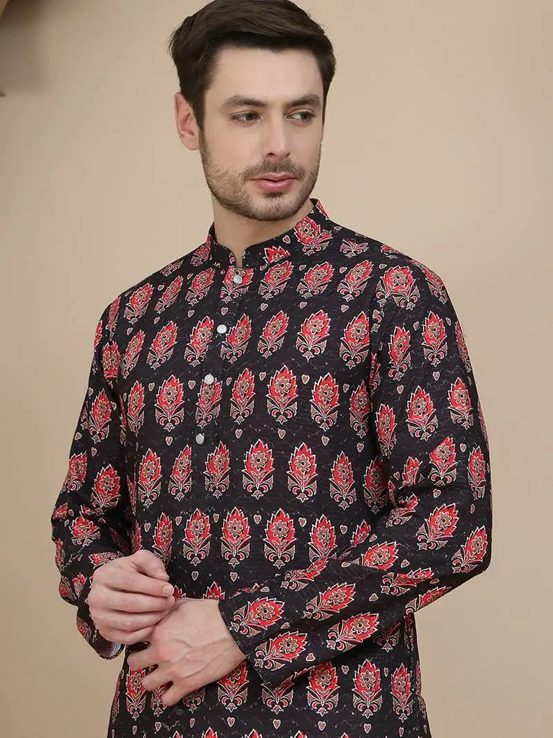 Black printed silk blend straight kurtas for men