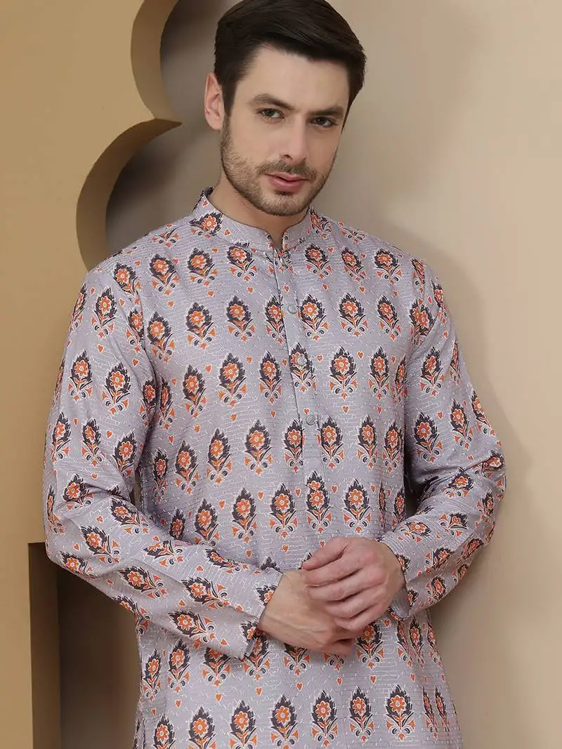 Grey printed silk blend straight kurtas for men