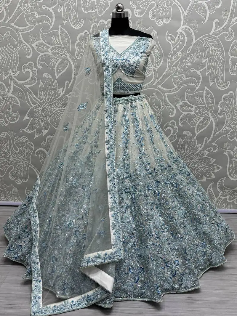Blue multi-thread work net bridesmaid lehenga choli