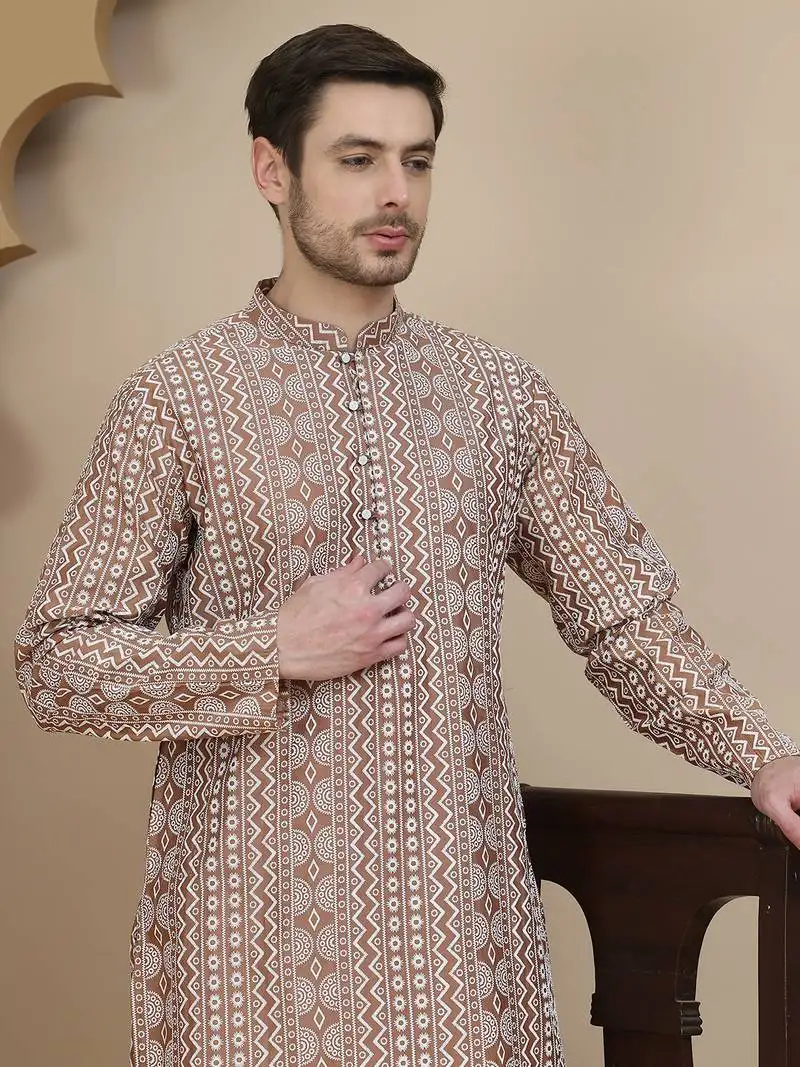 Brown geometric print silk blend straight kurtas for men