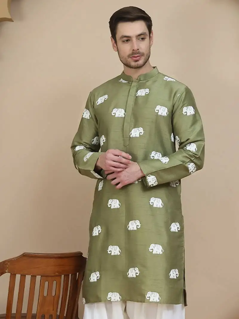 Green elephant embroidered silk blend kurtas for men