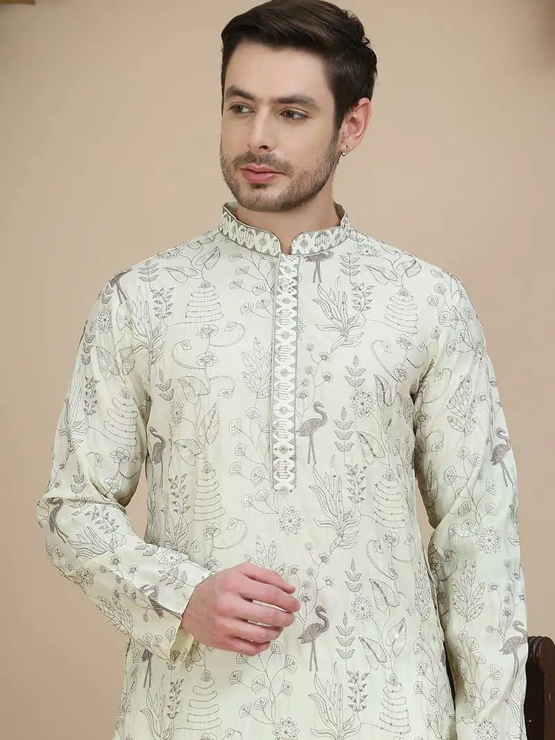 White embroidered silk blend kurtas for men