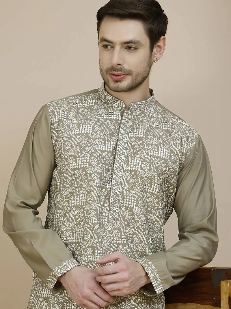 Beige embroidered silk blend kurtas for men