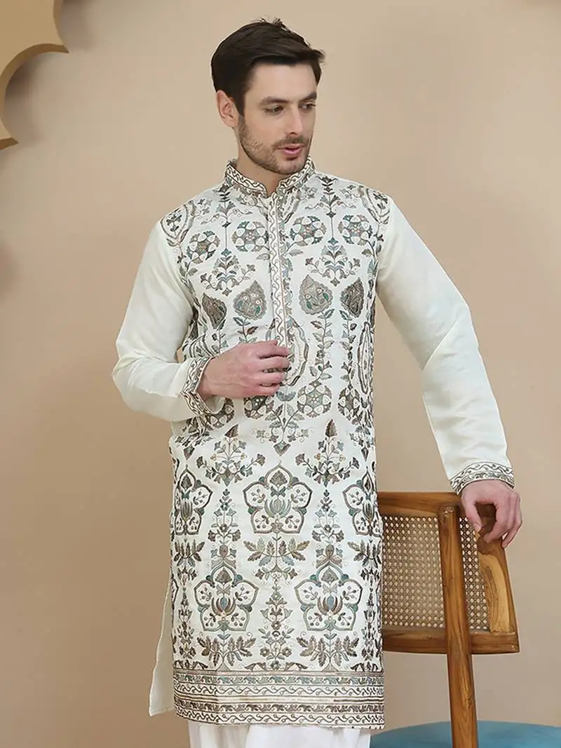White floral embroidered straight kurtas for men