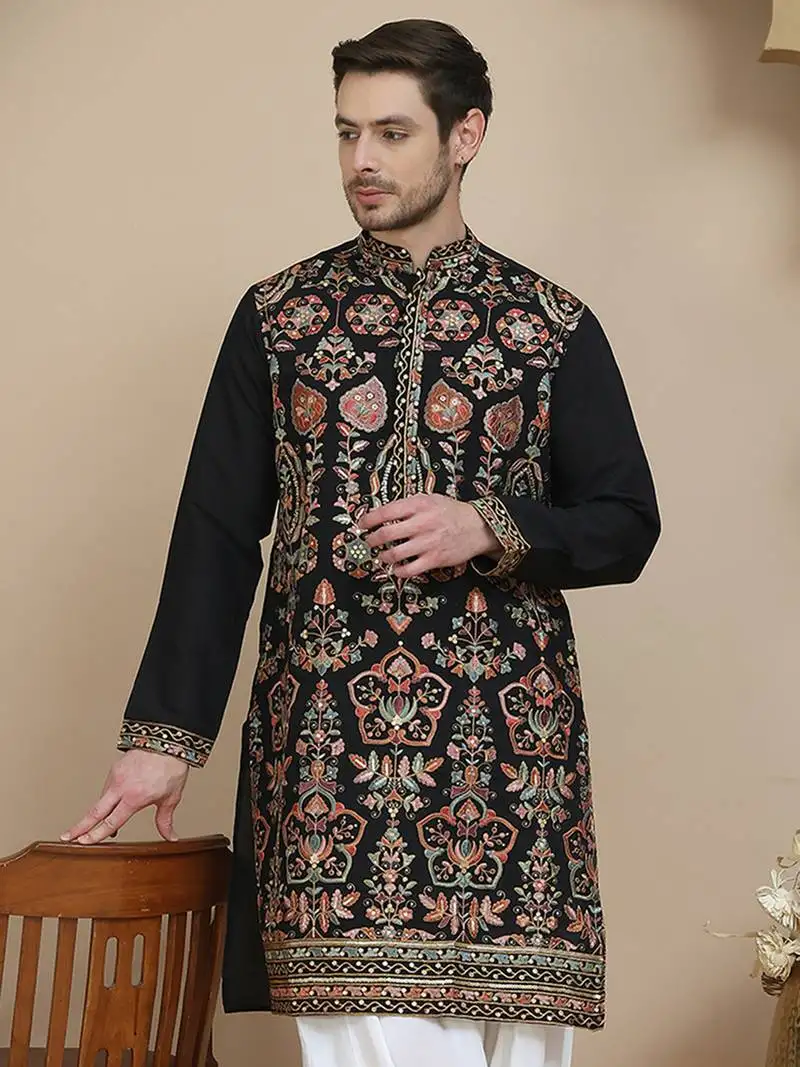 Black floral embroidered straight kurtas for men