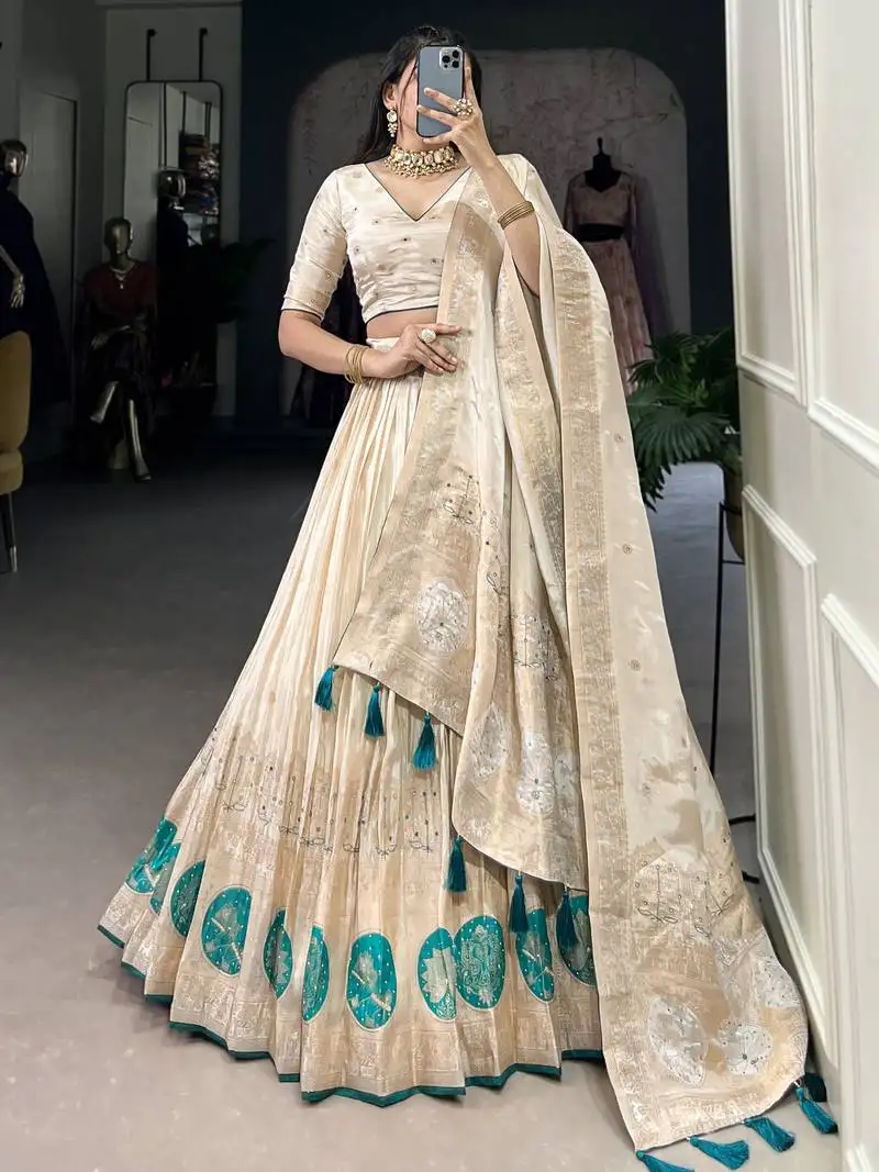Off-white weaving silk festival wear lehenga choli