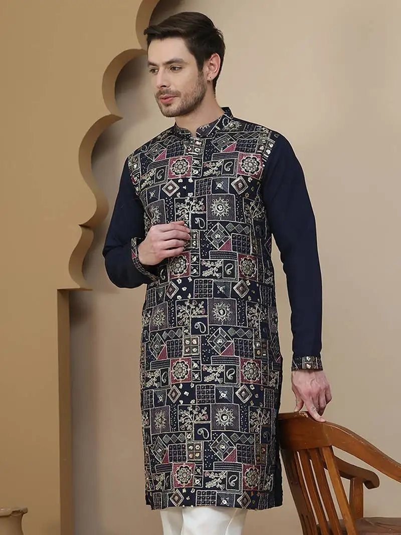 Blue embroidered straight kurtas for men