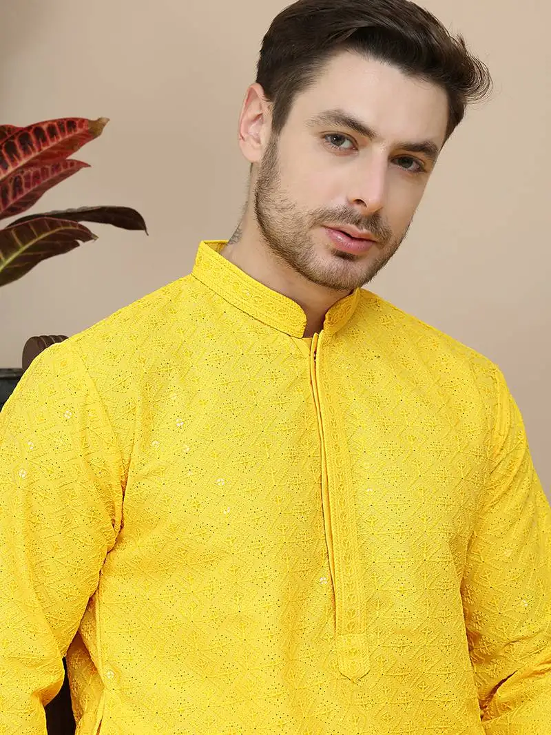 Yellow embroidered cotton kurtas for men