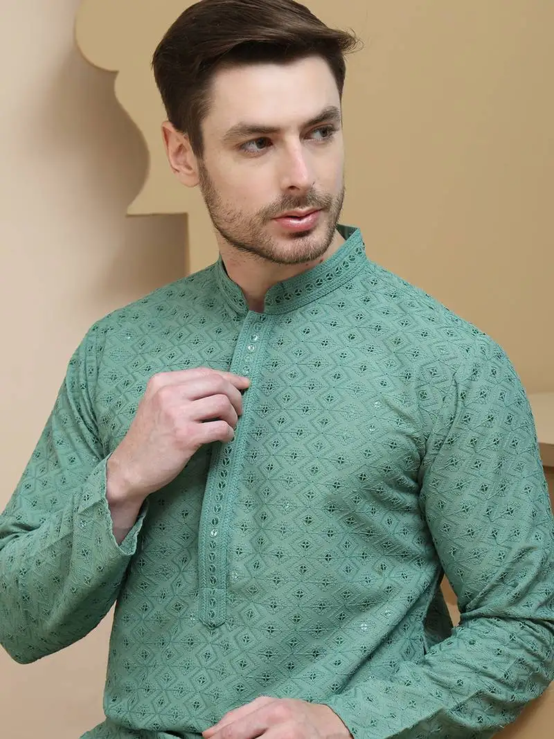 Green embroidered cotton kurtas for men