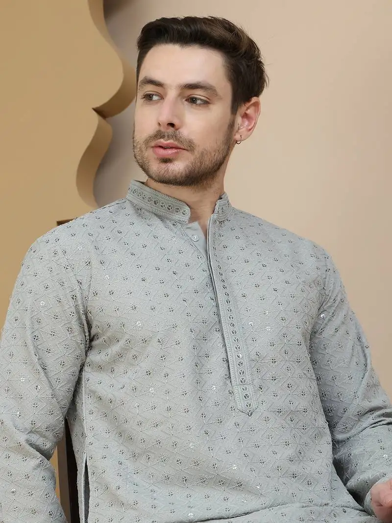 Grey embroidered cotton kurtas for men