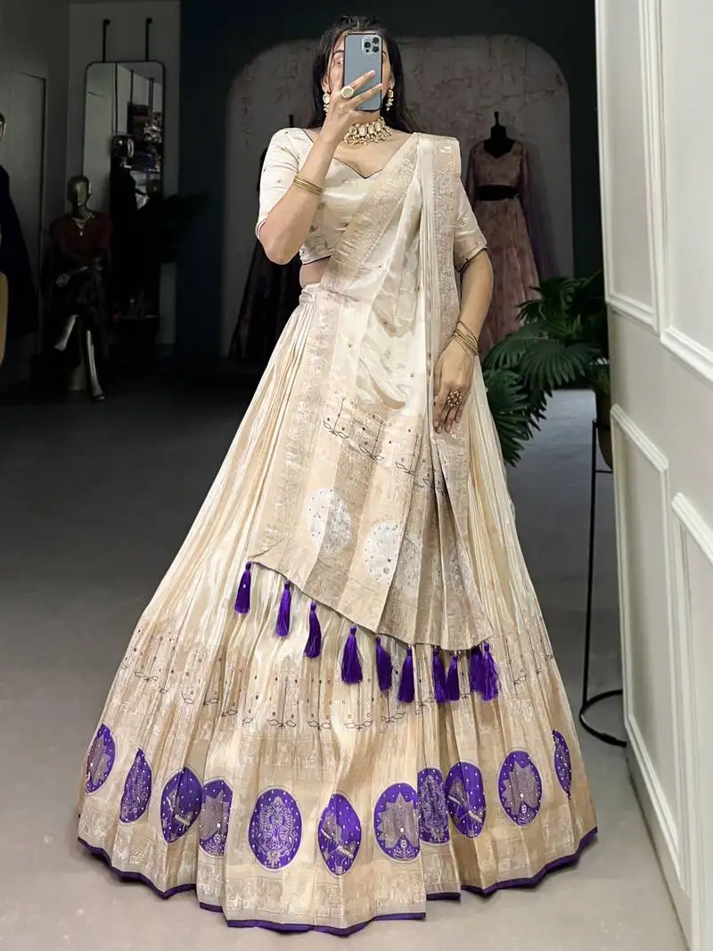 Off-white weaving silk traditional lehenga choli with dupatta