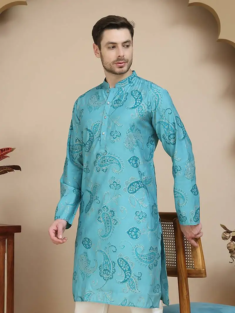 Blue stylish blue kurtas with artistic teal paisley print for men