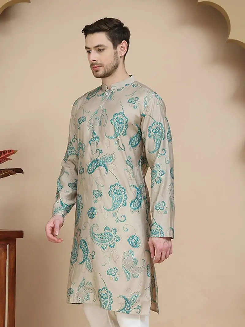 Beige stylish beige kurtas with artistic teal paisley print for men