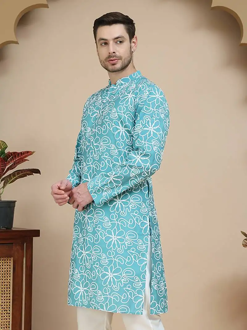 Blue floral printed kurtas for men