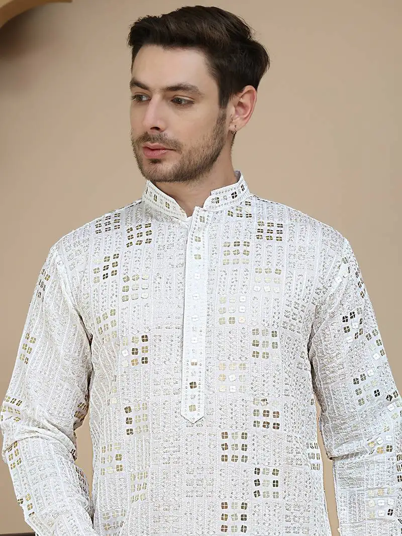 White embroidered and sequins kurtas for men