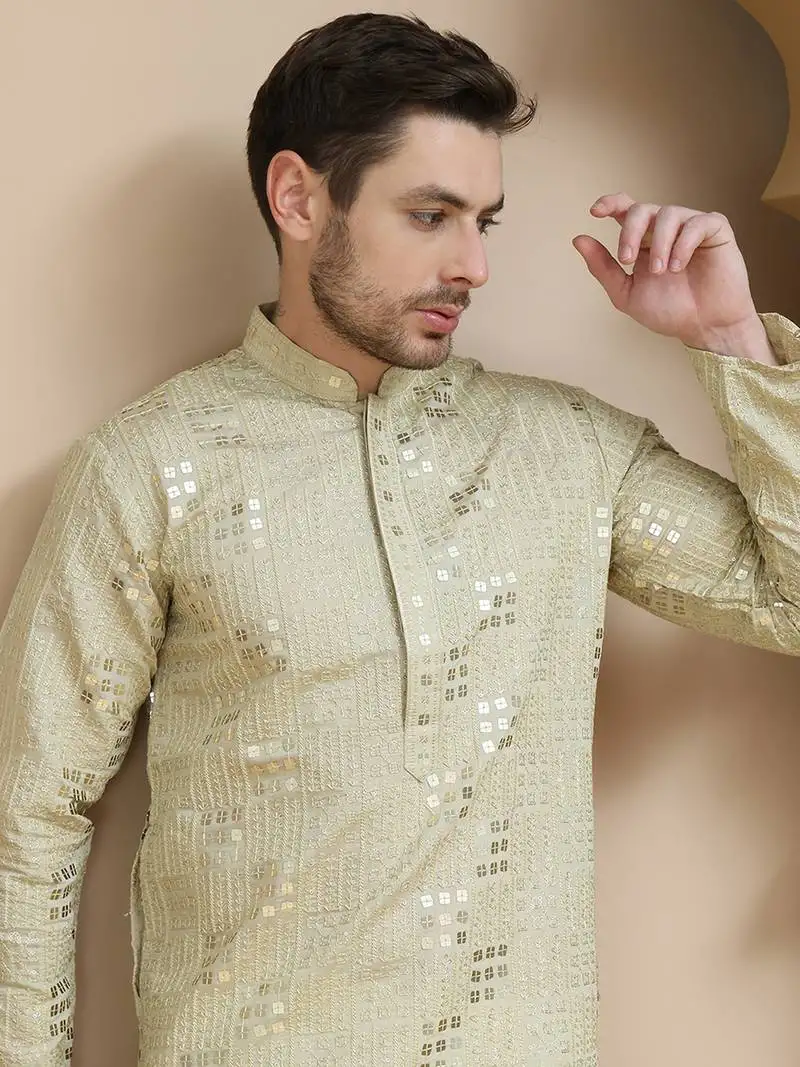 Green embroidered and sequins kurtas for men