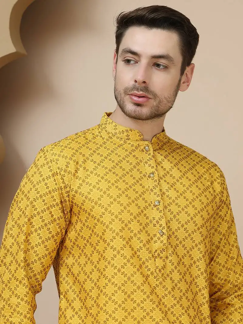 Yellow jacquard silk straight kurtas for men