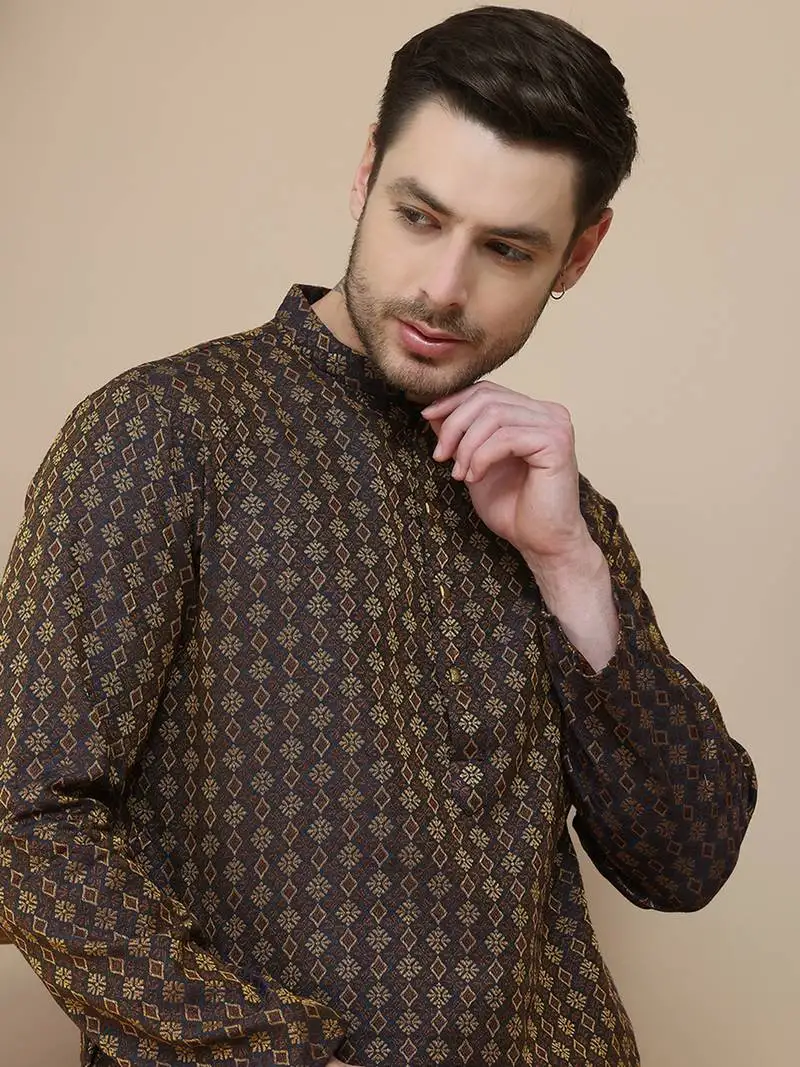 Brown jacquard silk straight kurtas for men