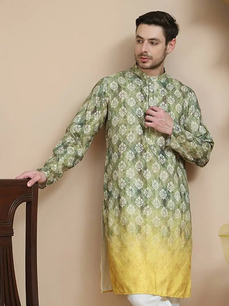 Green digital printed kurtas for men