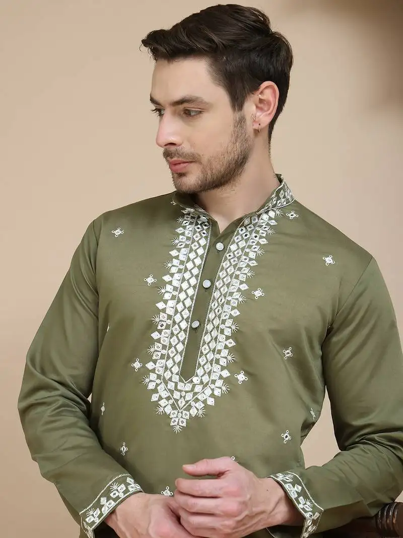 Green embroidered kurtas for men