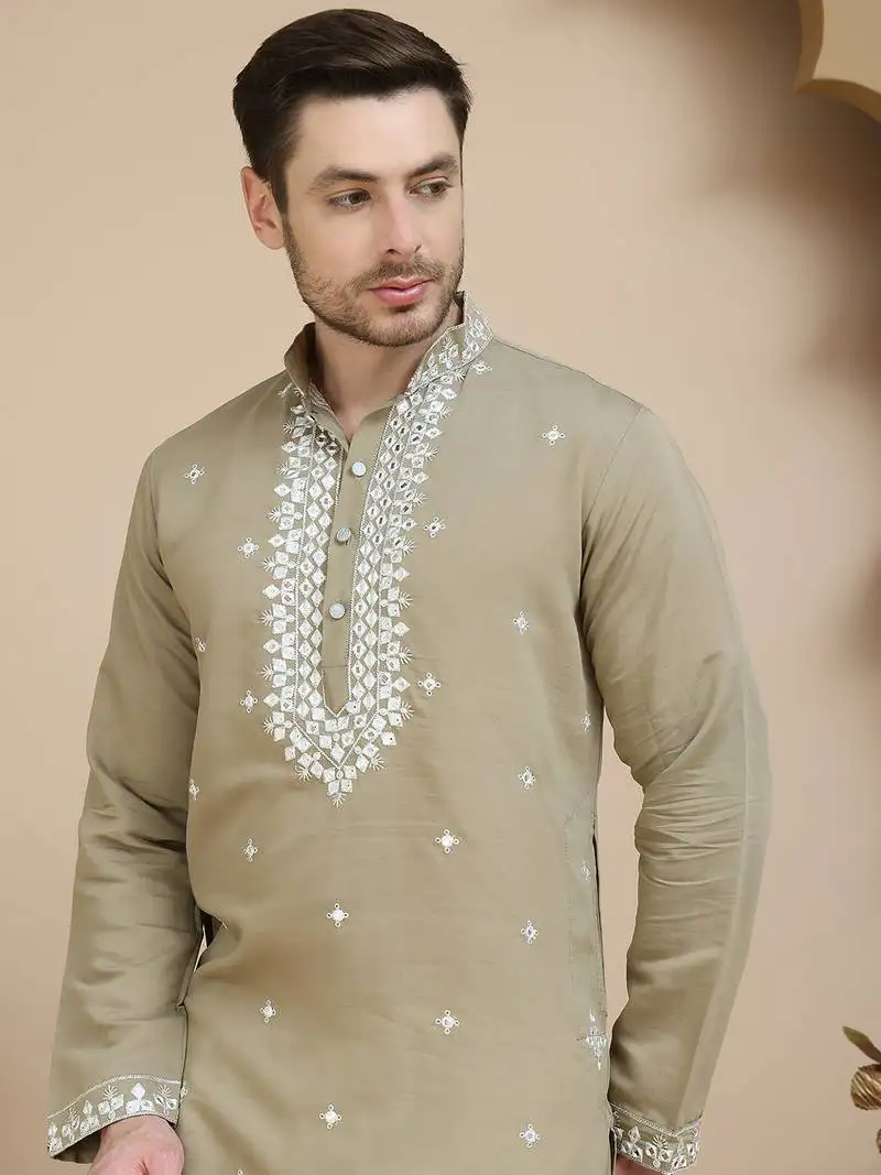 Brown embroidered kurtas for men