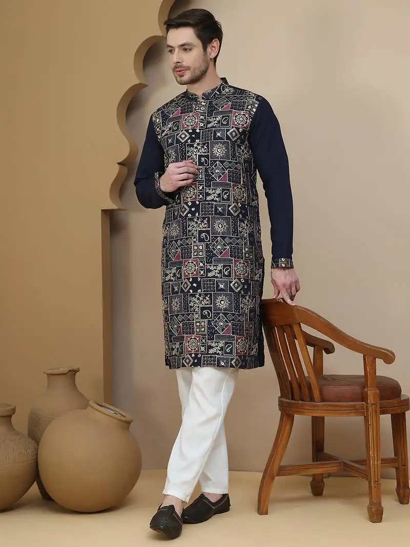 Blue embroidered straight kurta set for men
