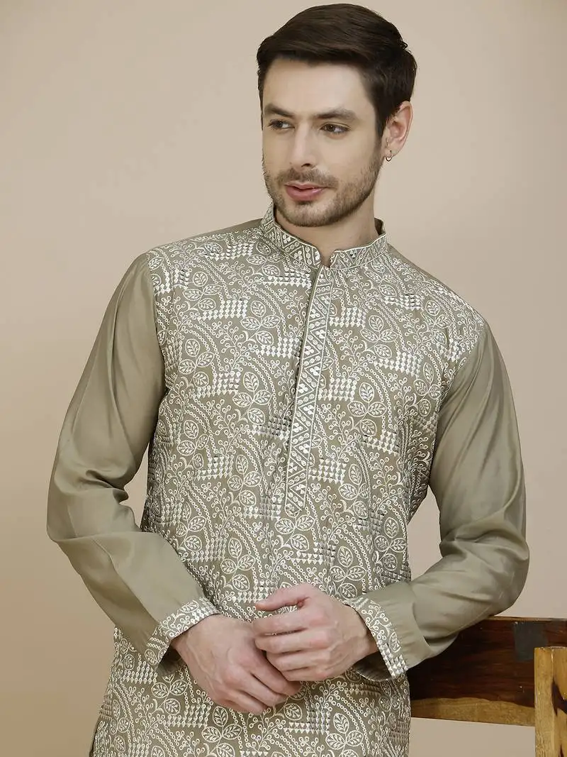 Beige embroidered silk blend kurta set for men