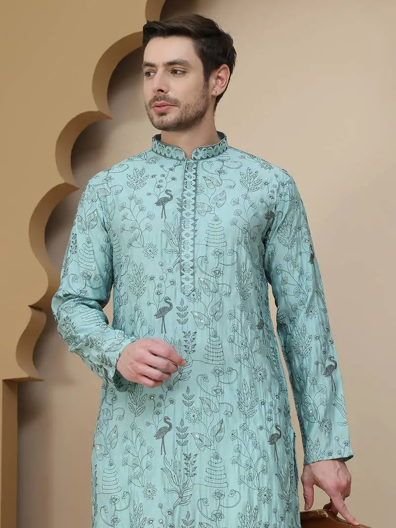 Blue embroidered silk blend kurta set for men
