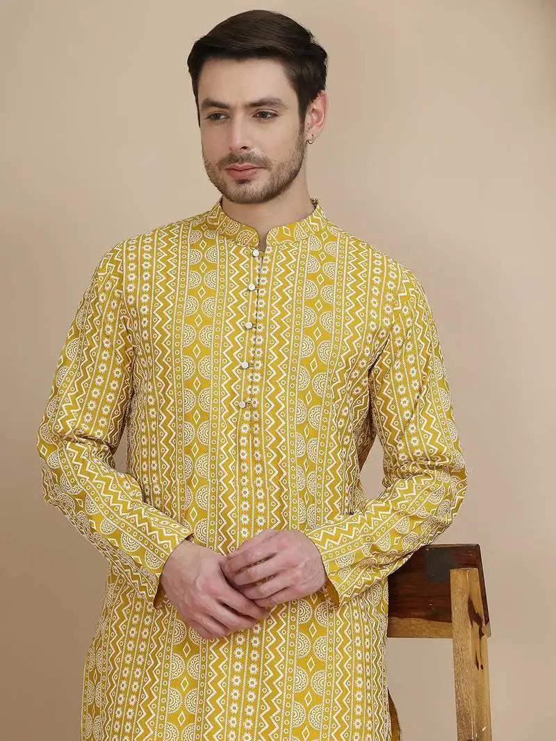 Yellow geometric print silk blend straight kurta set for men