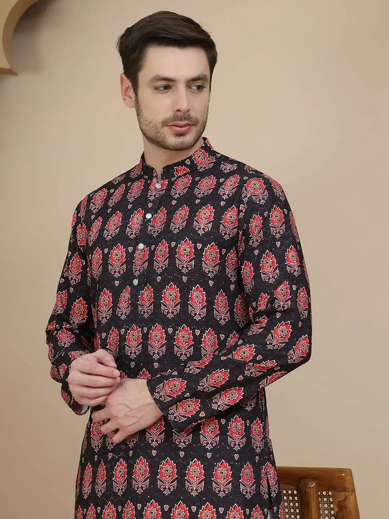 Black printed silk blend straight kurta set for men