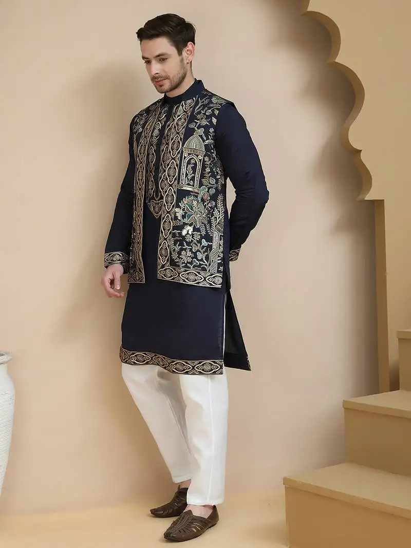 Blue embroidered waistcoat and kurta pyjama for men
