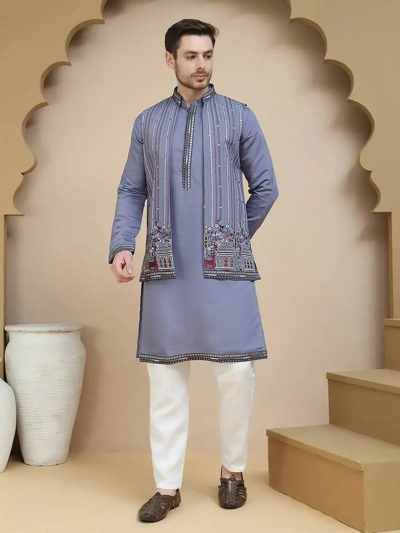 Purple embroidered waistcoat and kurta pyjama for men