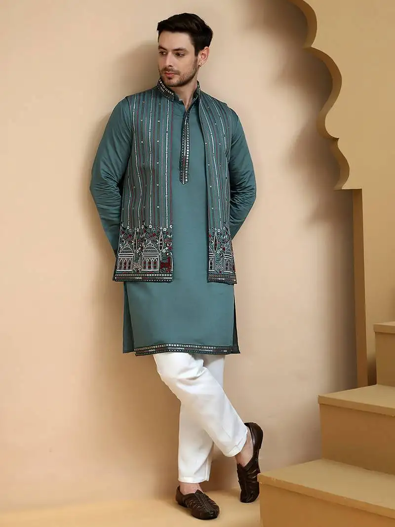 Green embroidered waistcoat and kurta pyjama for men